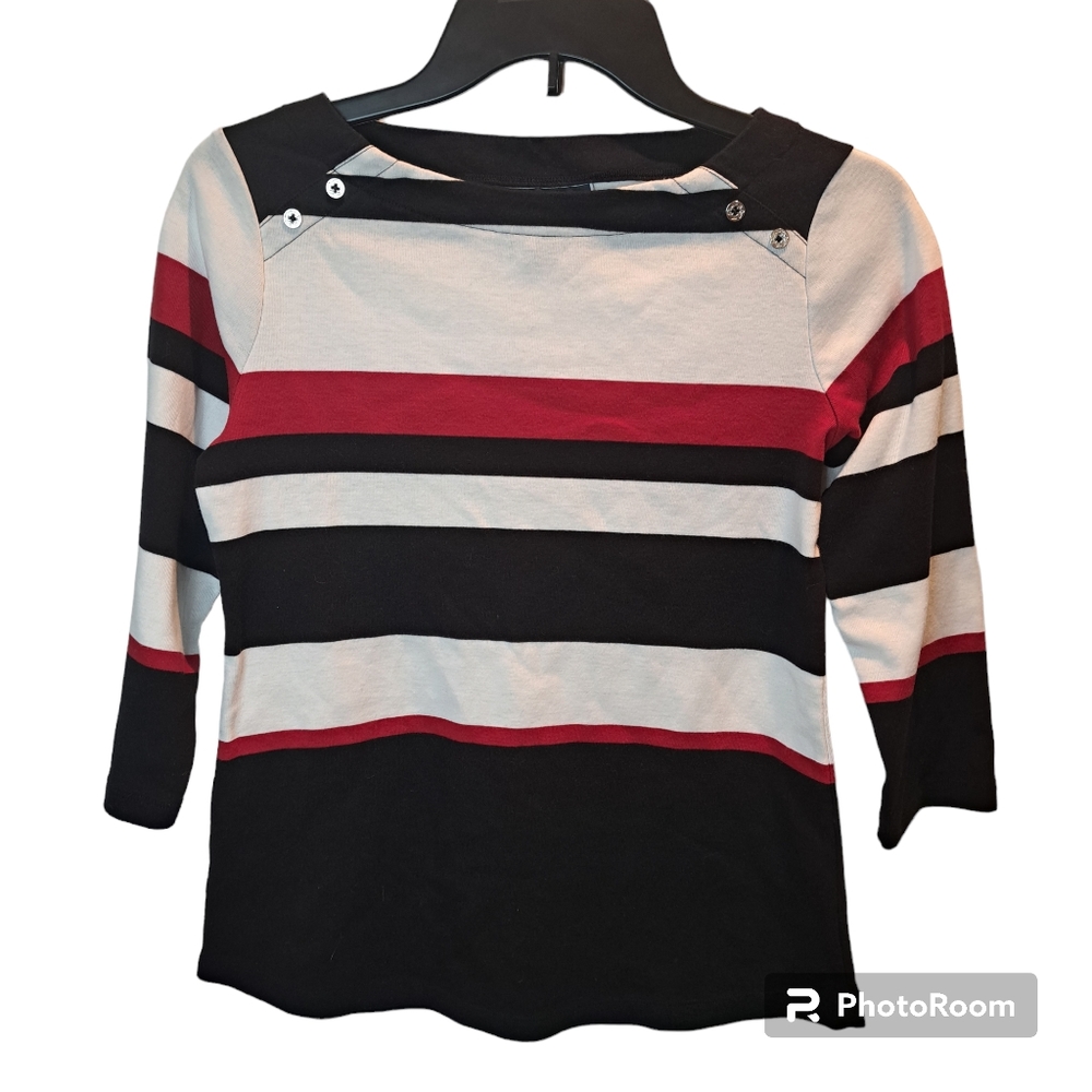 Karen Scott Red/Black Multicolor 3/4 Sleeve Pullover Top Blouse Size XS